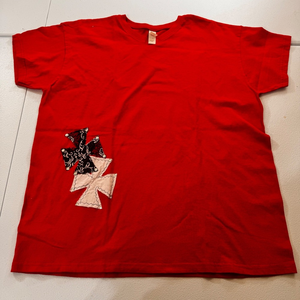 Anvil Red T Shirt XL Iron Cross Applique Patch Short Sleeve Tee
